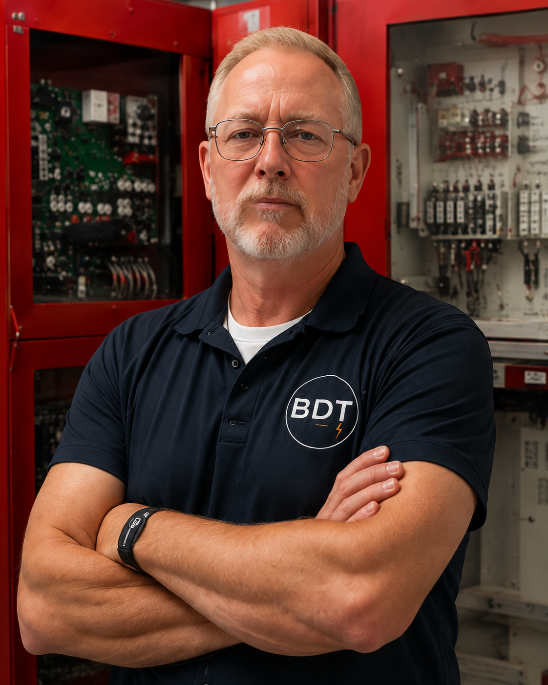 BDT University technician standing in front of fire alarm equipment